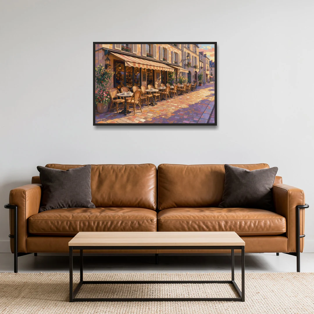 Cafe Painting of a Golden Hour Terrace - Black Framed Canvas Wall Art - Sofa - 36x24