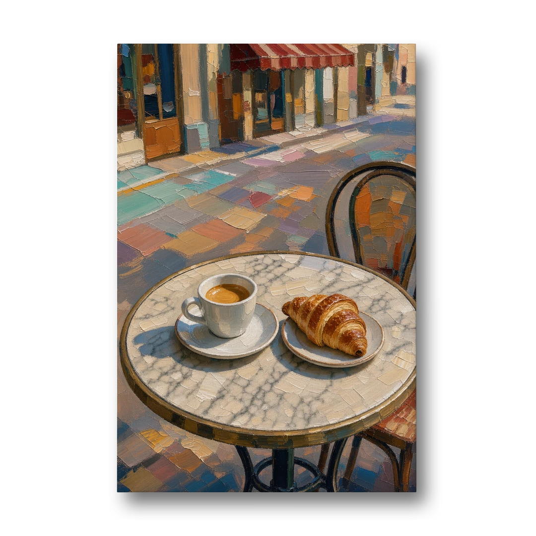 Cafe Wall Decor Espresso and Croissant on Marble - Canvas Wall Art - Front