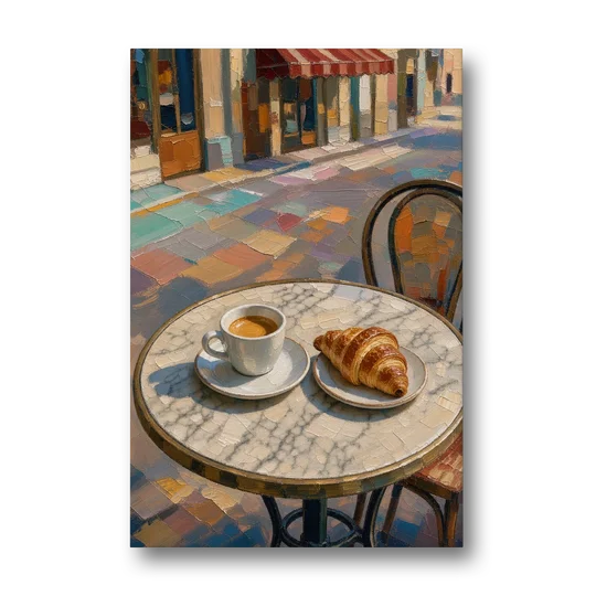 Cafe Wall Decor Espresso and Croissant on Marble - Canvas Wall Art - Front