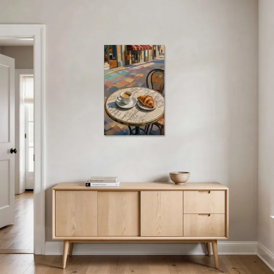 Cafe Wall Decor Espresso and Croissant on Marble - Canvas Wall Art - Coffee Table - 24x36