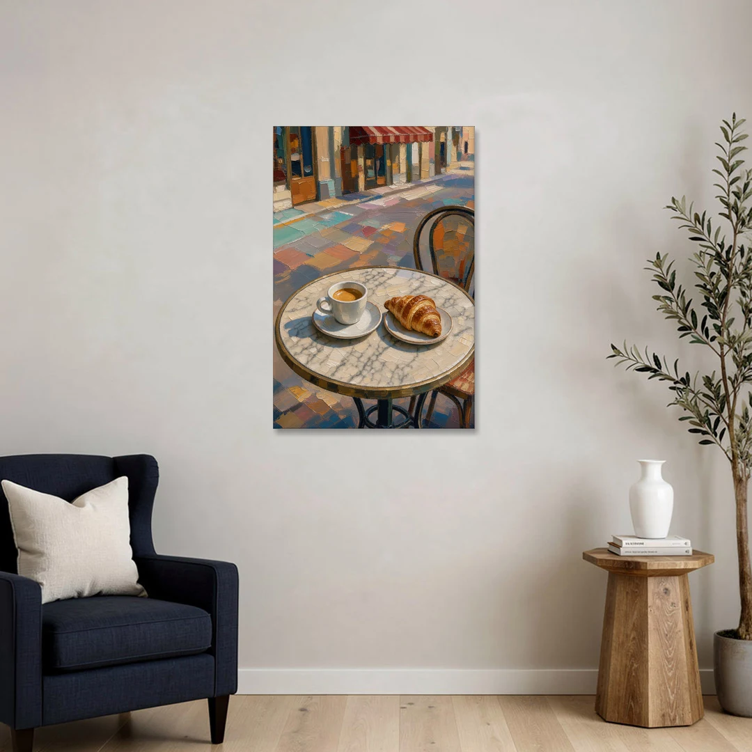 Cafe Wall Decor Espresso and Croissant on Marble - Canvas Wall Art - Sofa - 24x36