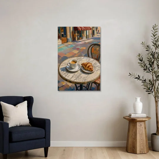Cafe Wall Decor Espresso and Croissant on Marble - Canvas Wall Art - Sofa - 24x36