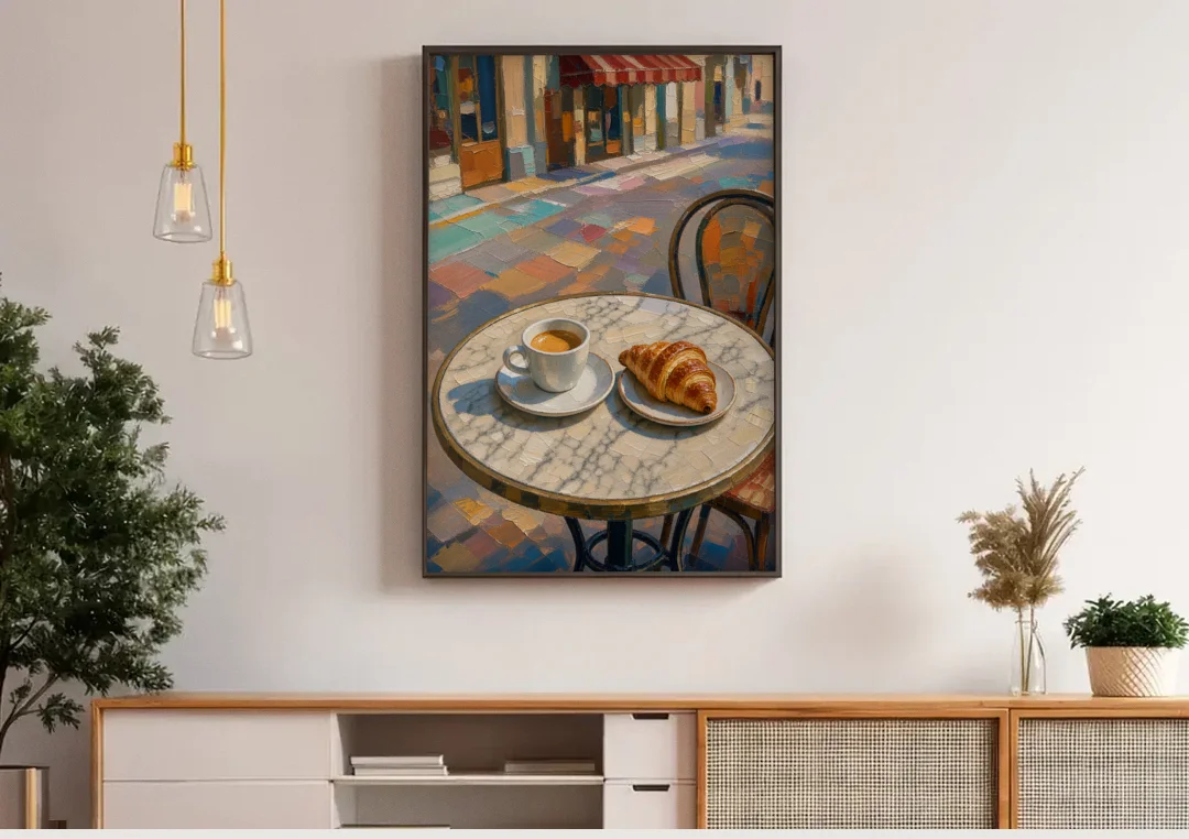 Cafe Wall Decor Espresso and Croissant on Marble canvas wall art above a wooden sideboard under pendant lights