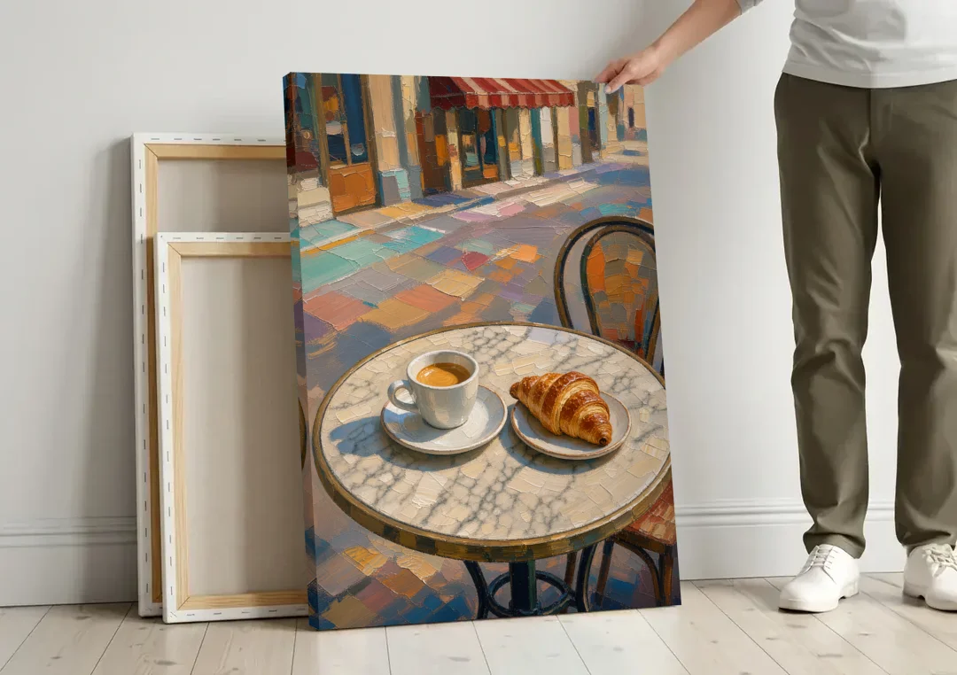Cafe Wall Decor Espresso and Croissant on Marble canvas wall art leaning against a wall next to blank canvases