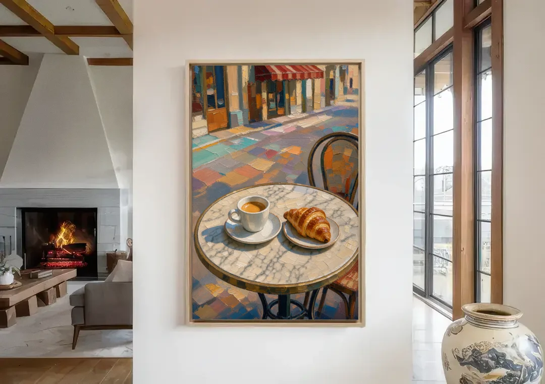 Cafe Wall Decor Espresso and Croissant on Marble canvas wall art in a living room with a fireplace