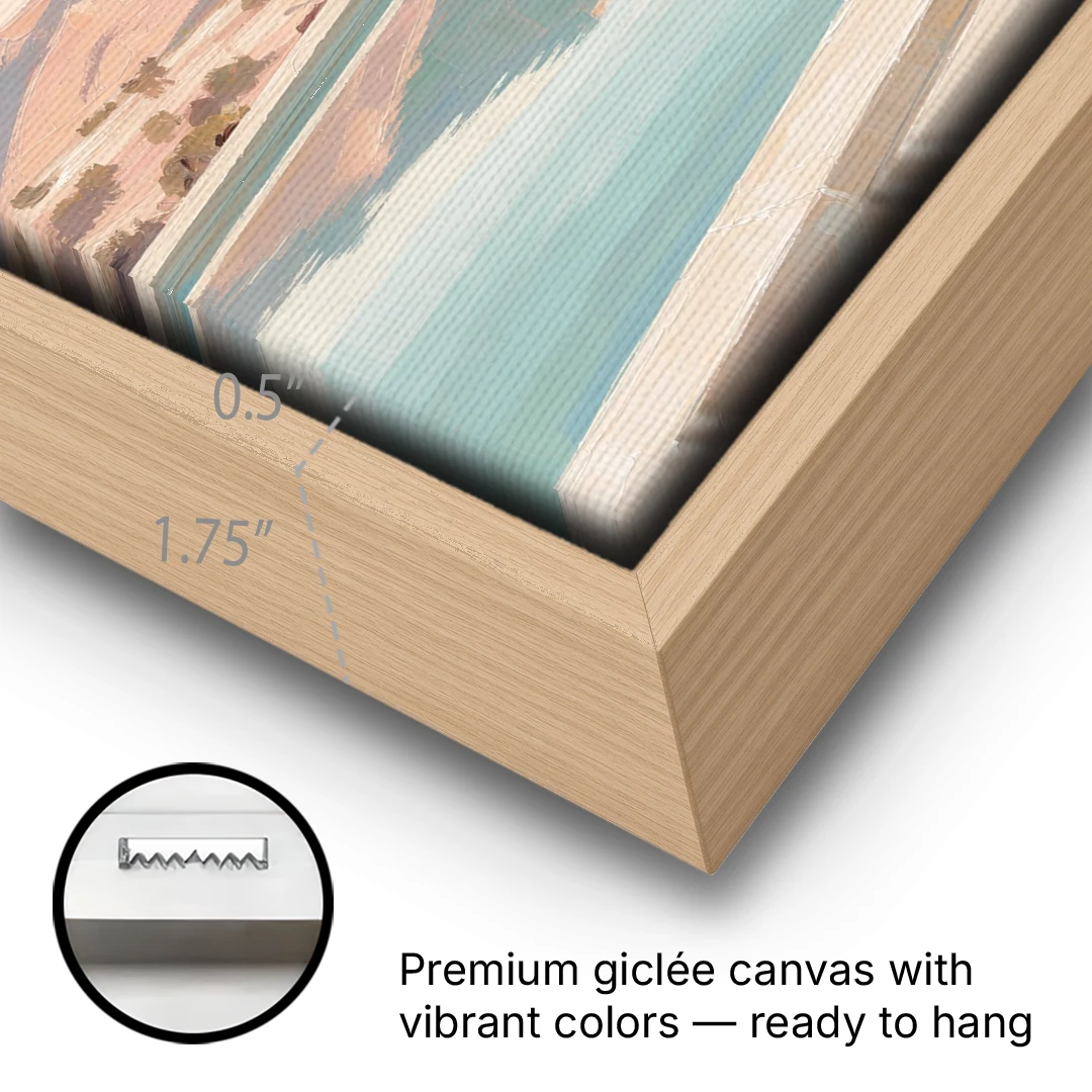 California Wall Art with Desert Mountains Mirrored in a Pool - Oak Framed Canvas Wall Art - Gallery Wrap Corner
