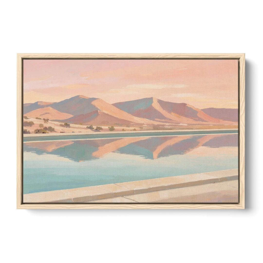 California Wall Art with Desert Mountains Mirrored in a Pool - Oak Framed Canvas Wall Art - Front