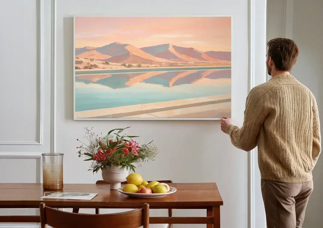 California Wall Art with Desert Mountains Mirrored in a Pool canvas wall art above a dining table