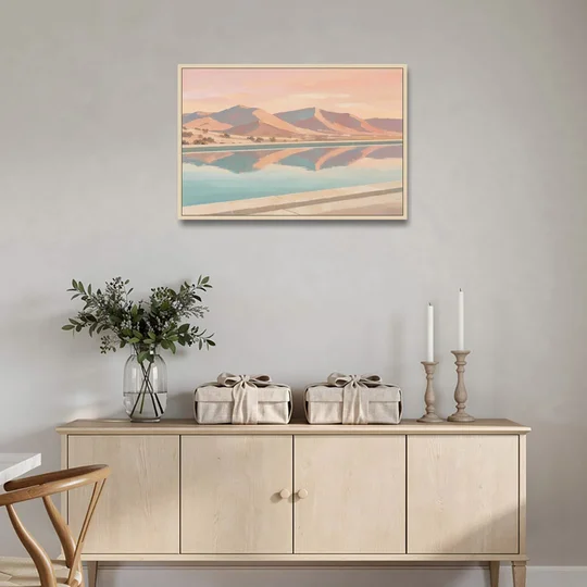 California Wall Art with Desert Mountains Mirrored in a Pool - Oak Framed Canvas Wall Art - Coffee Table - 36x24