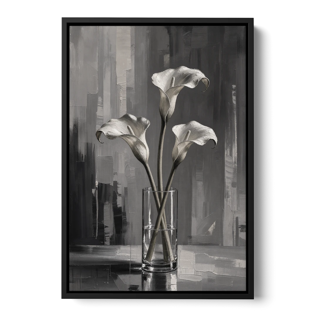 Calla Lily Wall Art with Three Stems in Glass - Black Framed Canvas Wall Art - Front