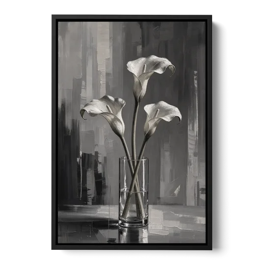 Calla Lily Wall Art with Three Stems in Glass - Black Framed Canvas Wall Art - Front