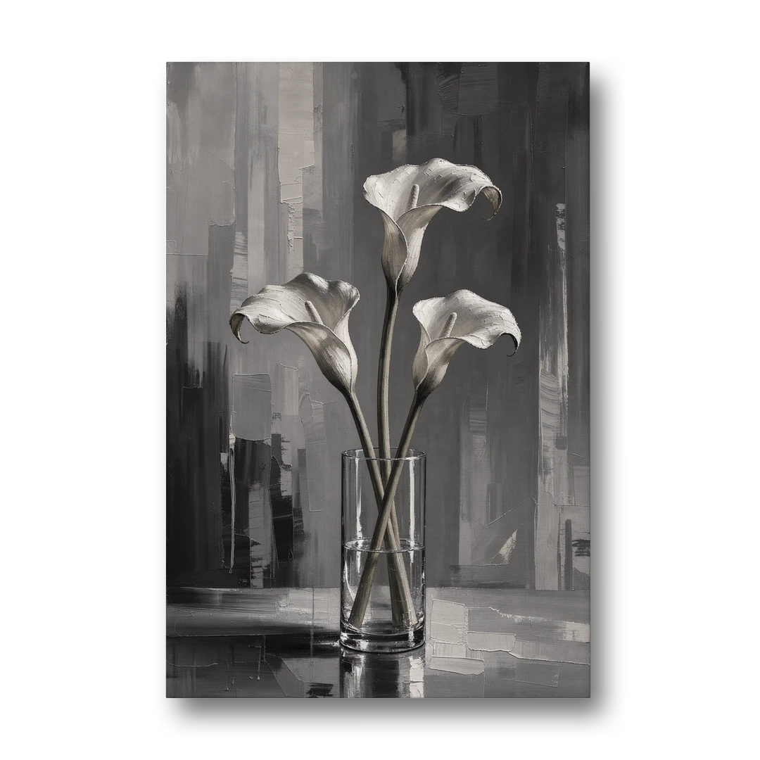 Calla Lily Wall Art with Three Stems in Glass - Canvas Wall Art - Front