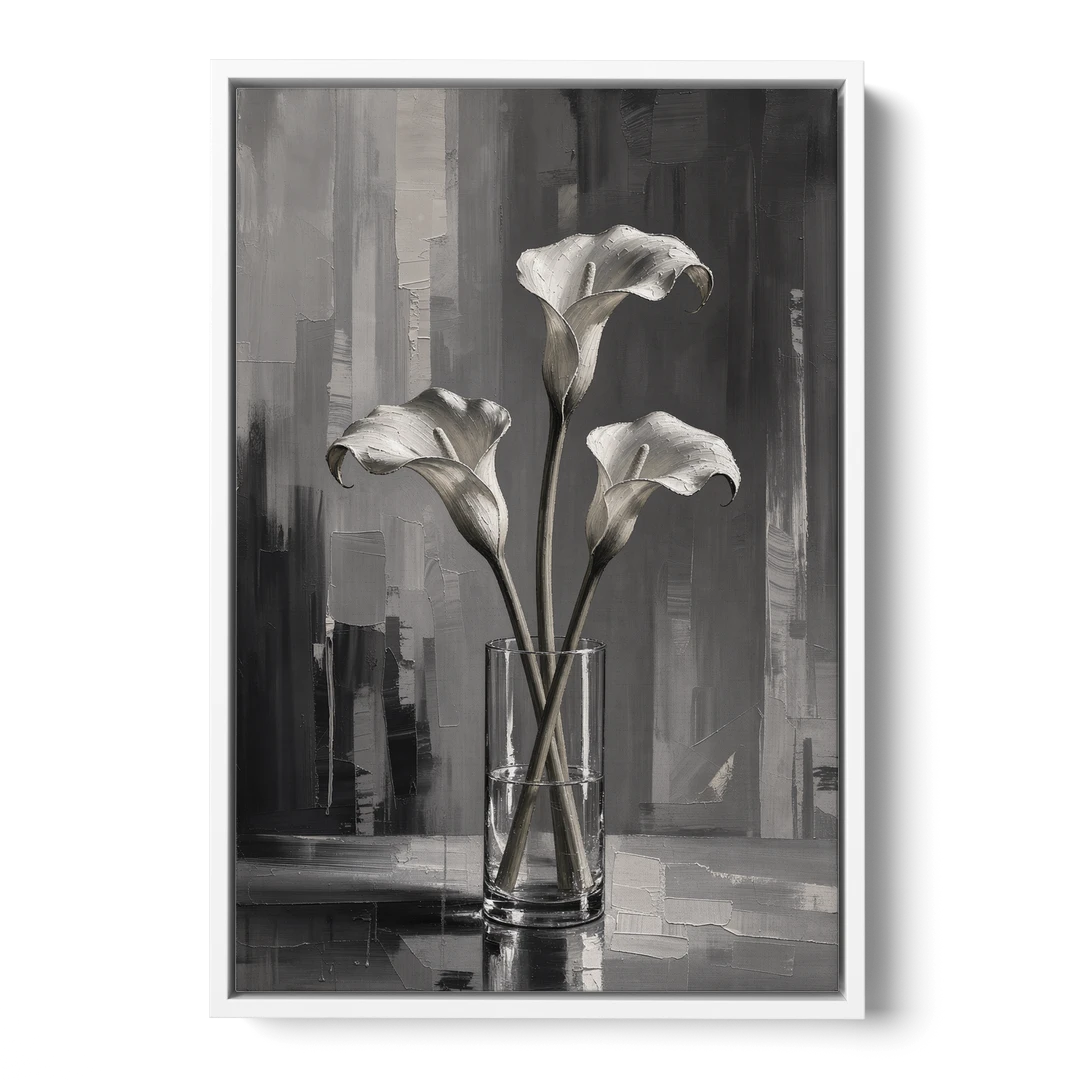 Calla Lily Wall Art with Three Stems in Glass - White Framed Canvas Wall Art - Front