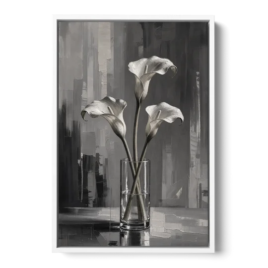 Calla Lily Wall Art with Three Stems in Glass - White Framed Canvas Wall Art - Front