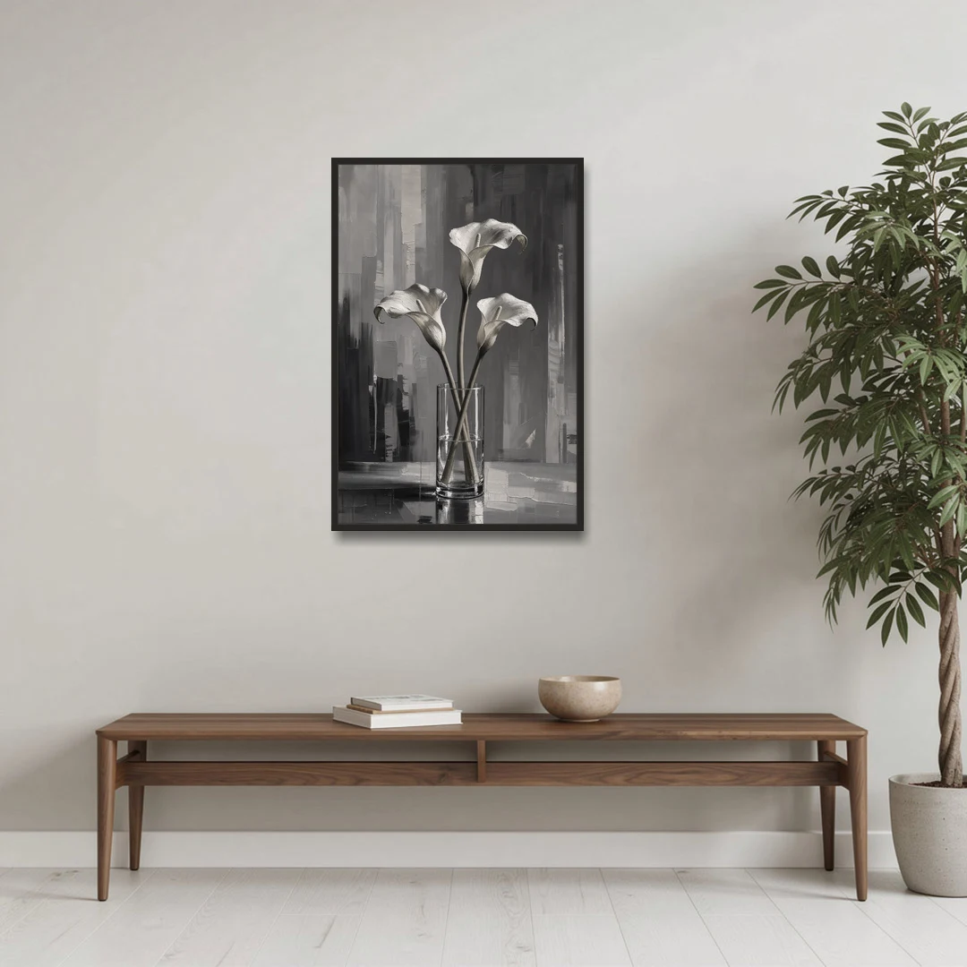 Calla Lily Wall Art with Three Stems in Glass - Black Framed Canvas Wall Art - Coffee Table - 24x36