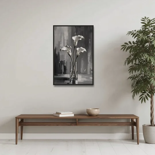 Calla Lily Wall Art with Three Stems in Glass - Black Framed Canvas Wall Art - Coffee Table - 24x36