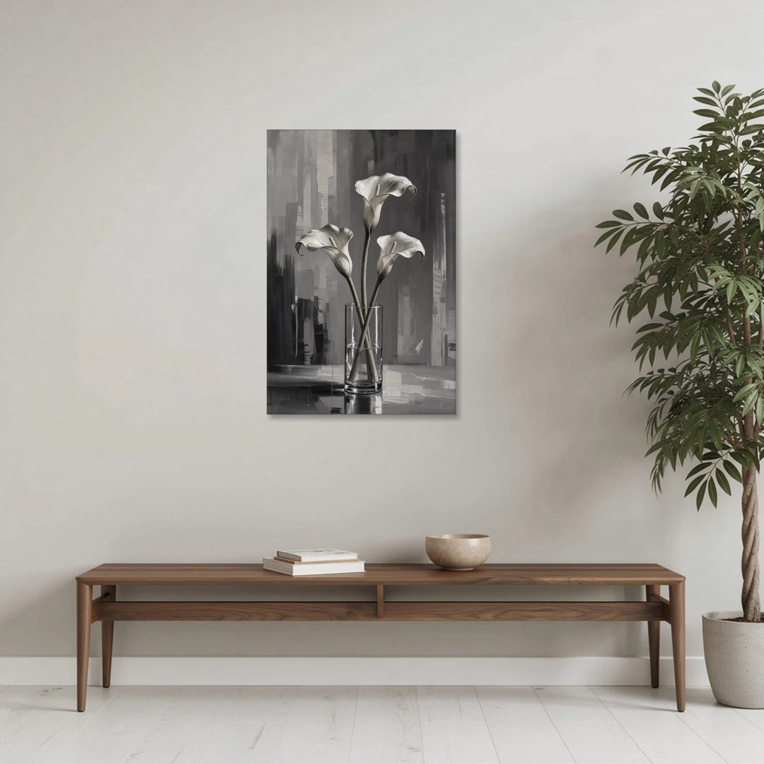 Calla Lily Wall Art with Three Stems in Glass - Canvas Wall Art - Coffee Table - 24x36