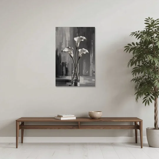 Calla Lily Wall Art with Three Stems in Glass - Canvas Wall Art - Coffee Table - 24x36