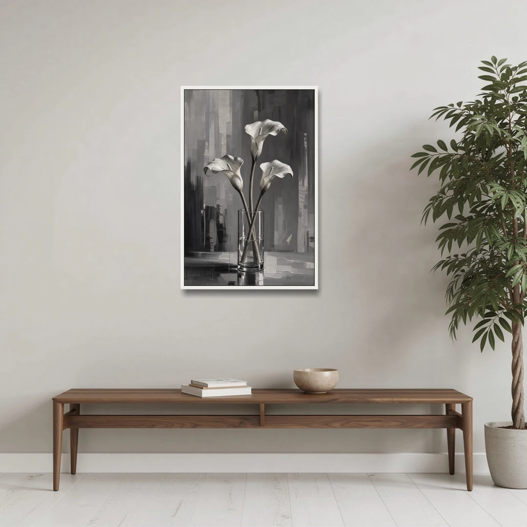 Calla Lily Wall Art with Three Stems in Glass - White Framed Canvas Wall Art - Coffee Table - 24x36