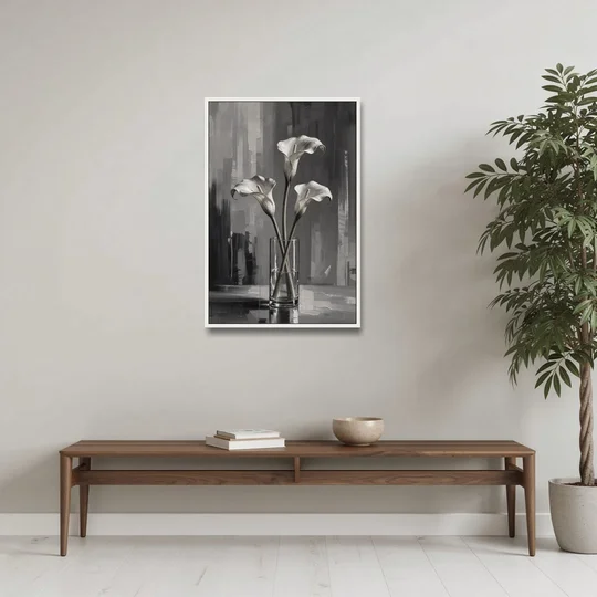 Calla Lily Wall Art with Three Stems in Glass - White Framed Canvas Wall Art - Coffee Table - 24x36