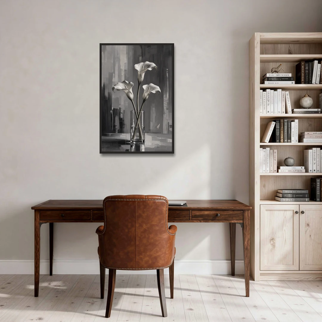 Calla Lily Wall Art with Three Stems in Glass - Black Framed Canvas Wall Art - Office - 24x36