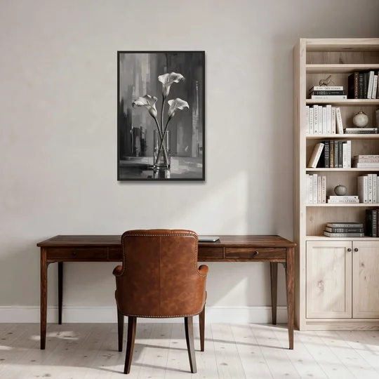 Calla Lily Wall Art with Three Stems in Glass - Black Framed Canvas Wall Art - Office - 24x36