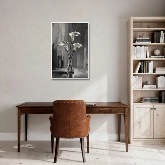 Calla Lily Wall Art with Three Stems in Glass - White Framed Canvas Wall Art - Office - 24x36