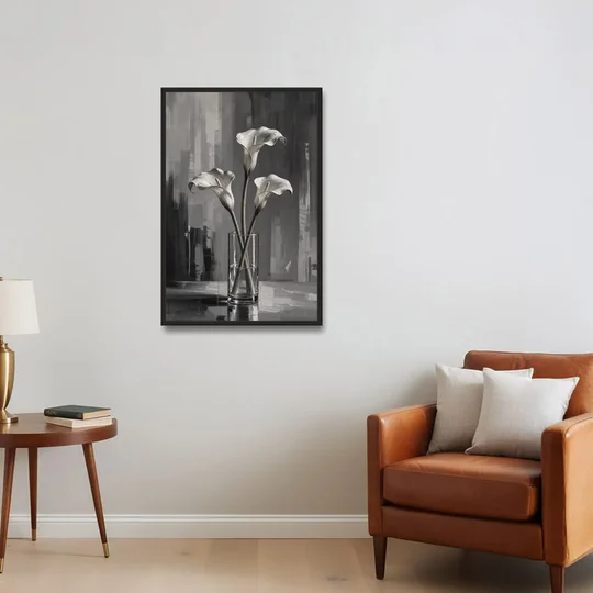 Calla Lily Wall Art with Three Stems in Glass - Black Framed Canvas Wall Art - Sofa - 24x36