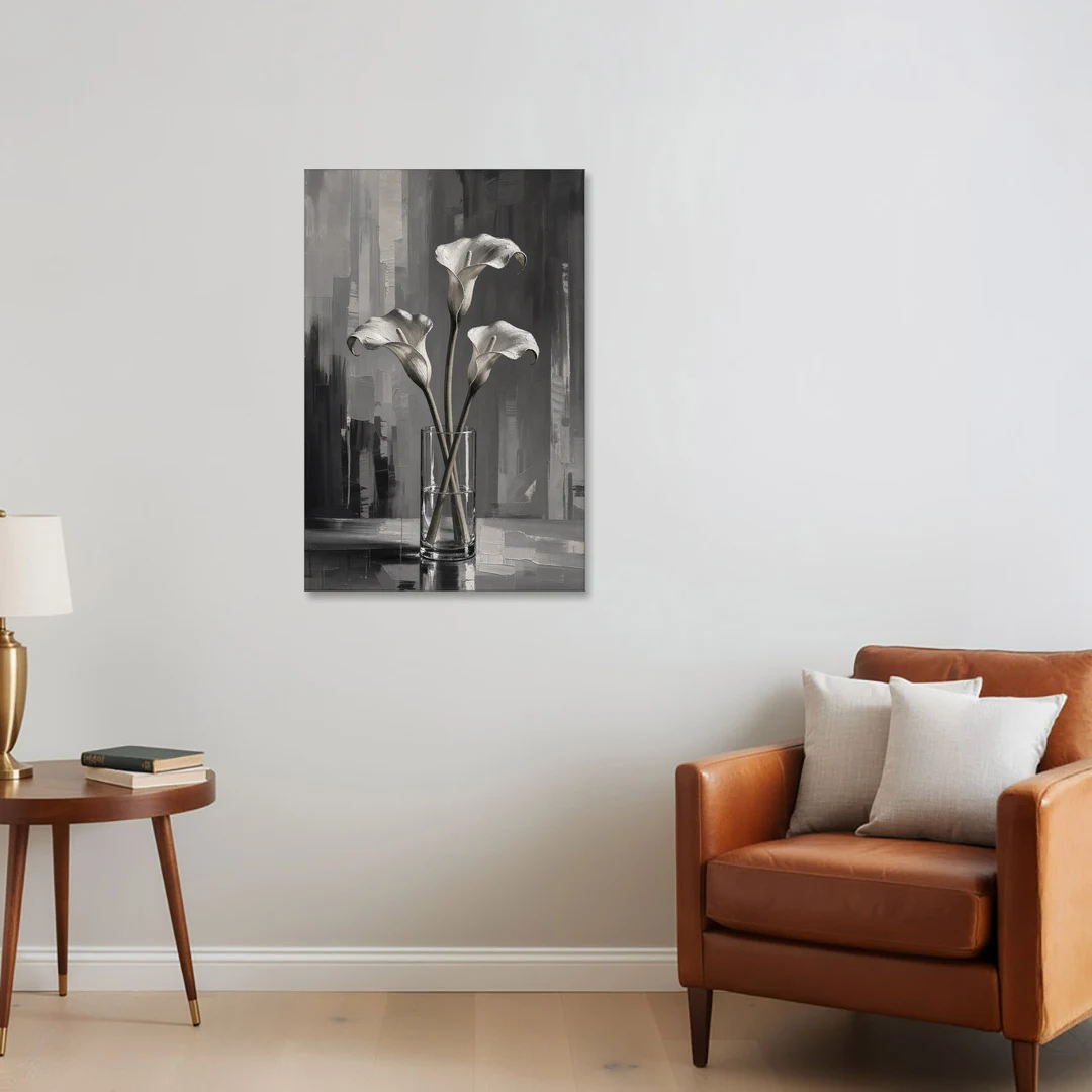 Calla Lily Wall Art with Three Stems in Glass - Canvas Wall Art - Sofa - 24x36