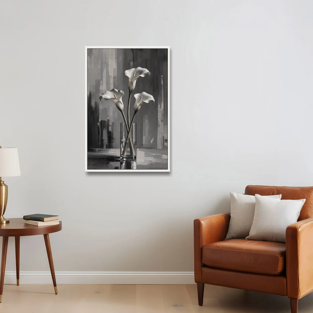 Calla Lily Wall Art with Three Stems in Glass - White Framed Canvas Wall Art - Sofa - 24x36