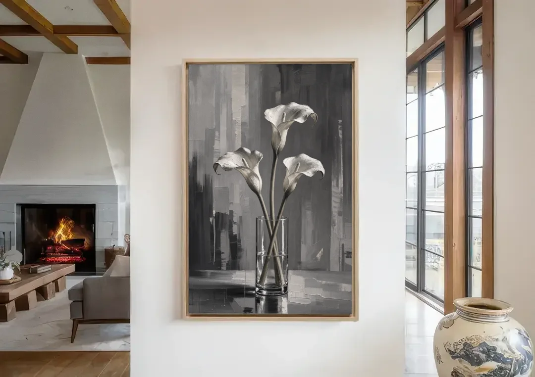 Calla Lily Wall Art with Three Stems in Glass canvas wall art in a living room with a fireplace