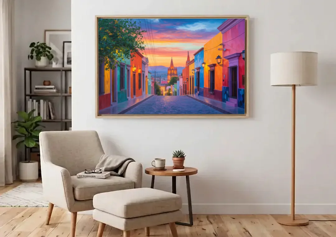 Calle Aldama Sunset canvas wall art above an armchair in a bright living room