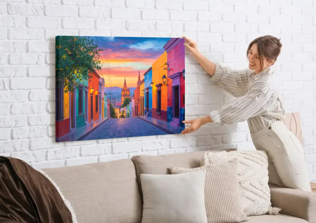 Calle Aldama Sunset canvas wall art being hung on a white brick wall above a sofa