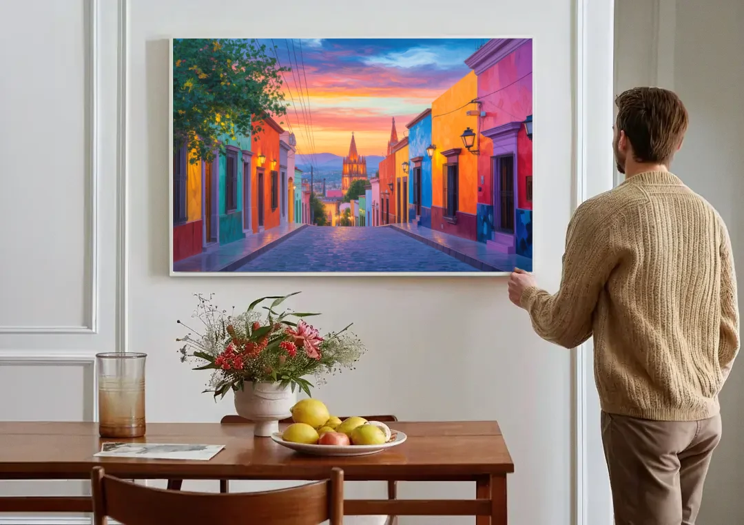 Calle Aldama Sunset canvas wall art above a dining table