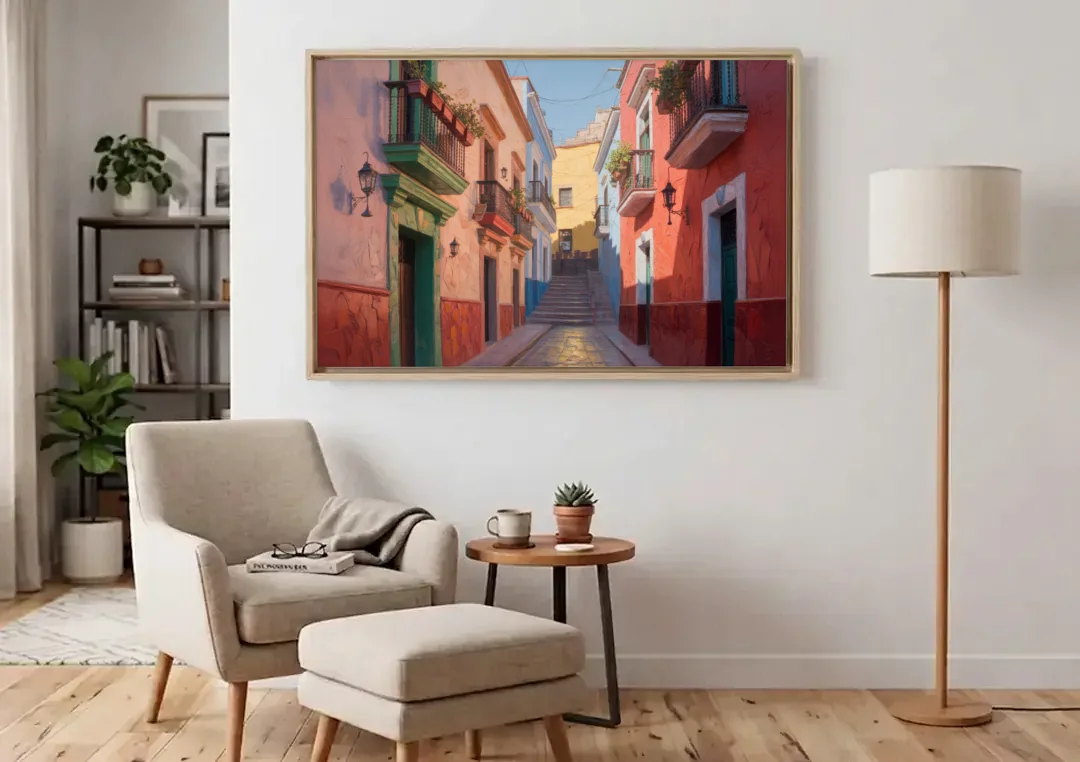 Callejón del Beso Alley canvas wall art above an armchair in a bright living room