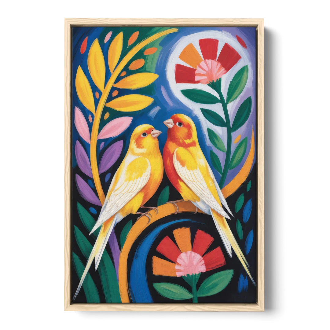Calm Canary Chirp - Oak Framed Canvas Wall Art - Front