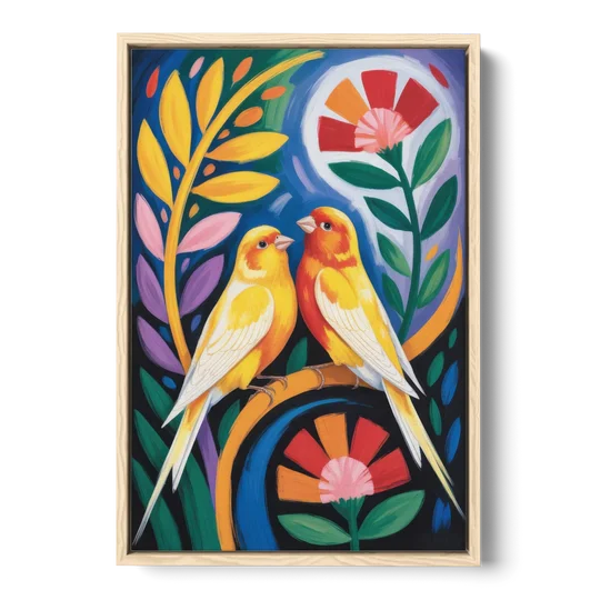 Calm Canary Chirp - Oak Framed Canvas Wall Art - Front