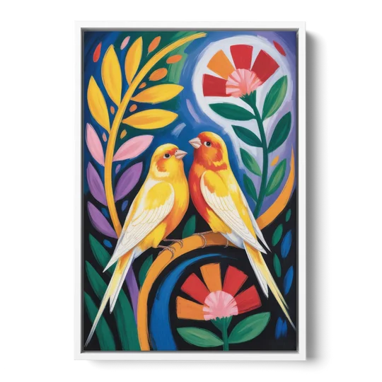 Calm Canary Chirp - White Framed Canvas Wall Art - Front