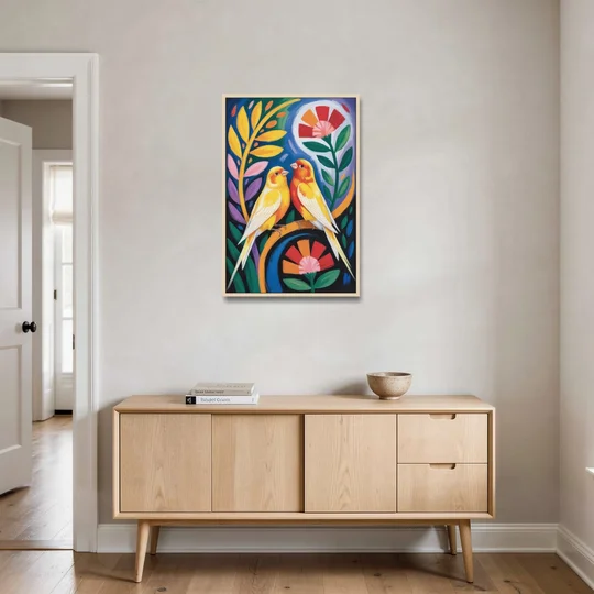 Calm Canary Chirp - Oak Framed Canvas Wall Art - Coffee Table - 24x36