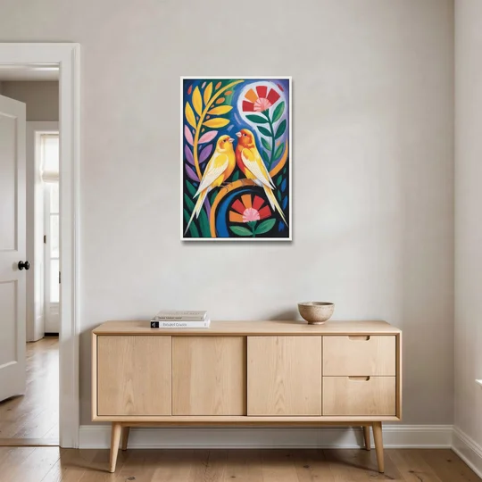 Calm Canary Chirp - White Framed Canvas Wall Art - Coffee Table - 24x36