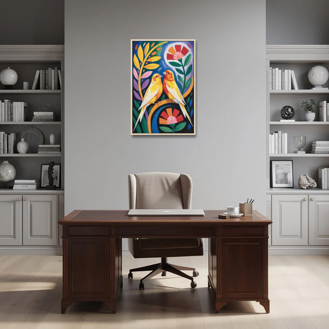 Calm Canary Chirp - Oak Framed Canvas Wall Art - Office - 24x36