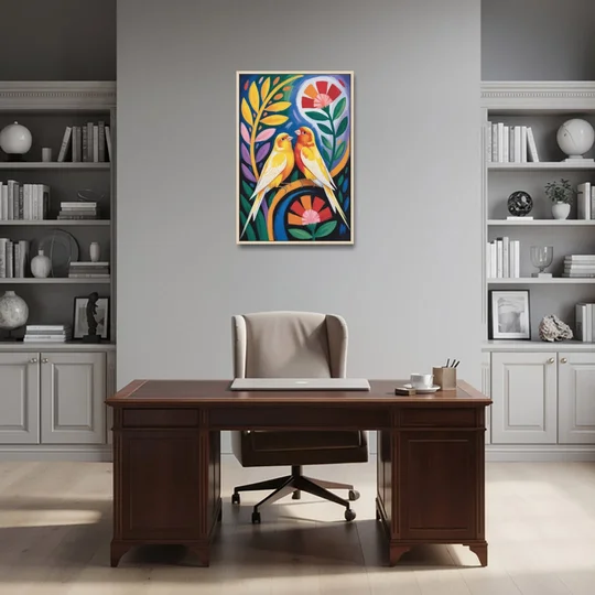 Calm Canary Chirp - Oak Framed Canvas Wall Art - Office - 24x36