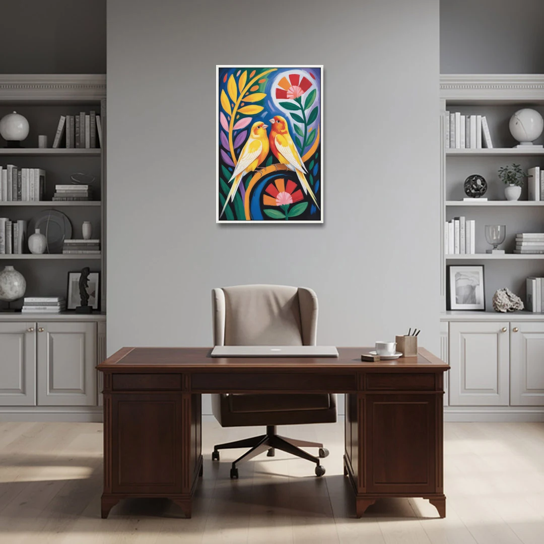 Calm Canary Chirp - White Framed Canvas Wall Art - Office - 24x36