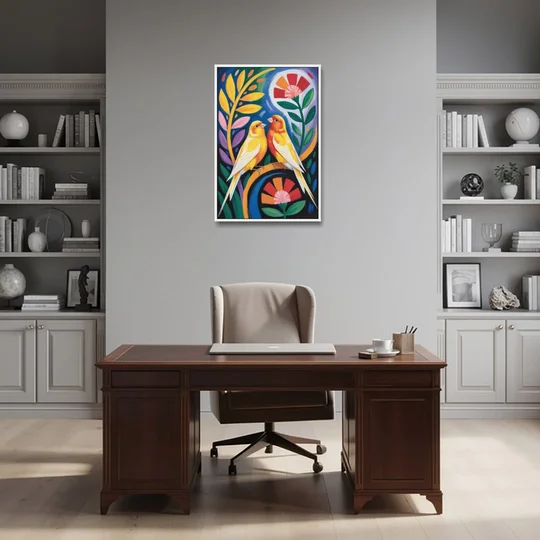 Calm Canary Chirp - White Framed Canvas Wall Art - Office - 24x36