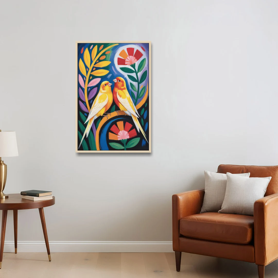 Calm Canary Chirp - Oak Framed Canvas Wall Art - Sofa - 24x36