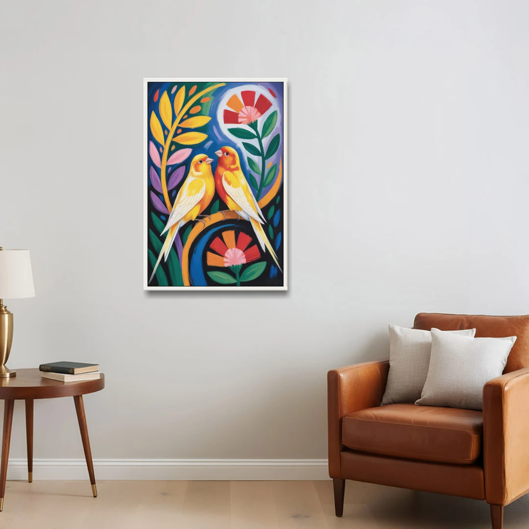 Calm Canary Chirp - White Framed Canvas Wall Art - Sofa - 24x36
