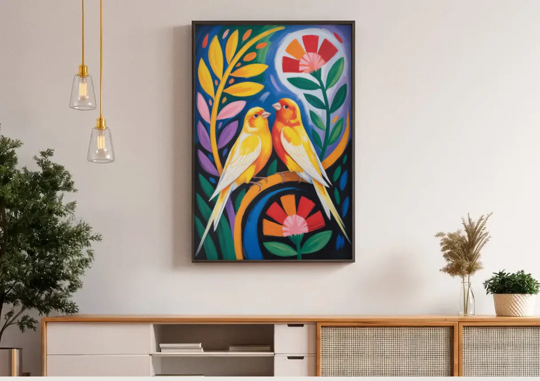 Calm Canary Chirp canvas wall art above a wooden sideboard under pendant lights