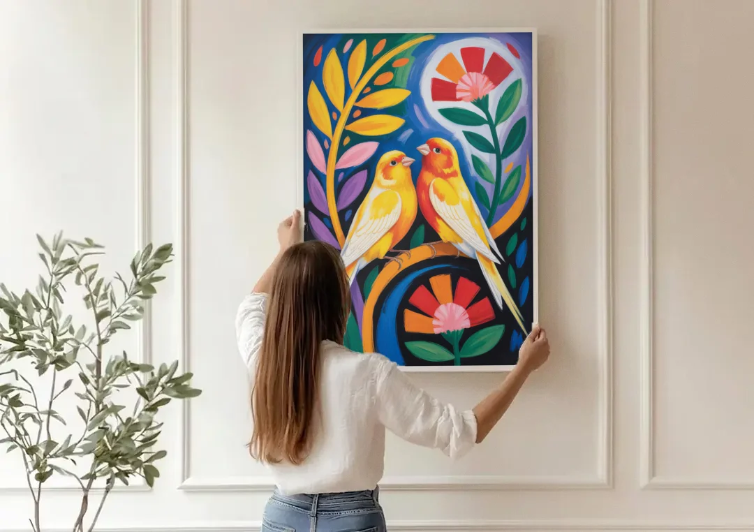 Calm Canary Chirp canvas wall art being hung on a paneled wall
