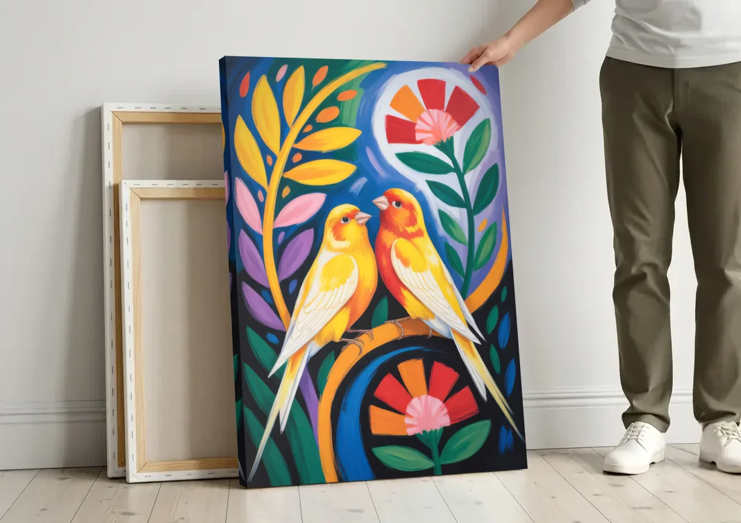 Calm Canary Chirp canvas wall art leaning against a wall next to blank canvases