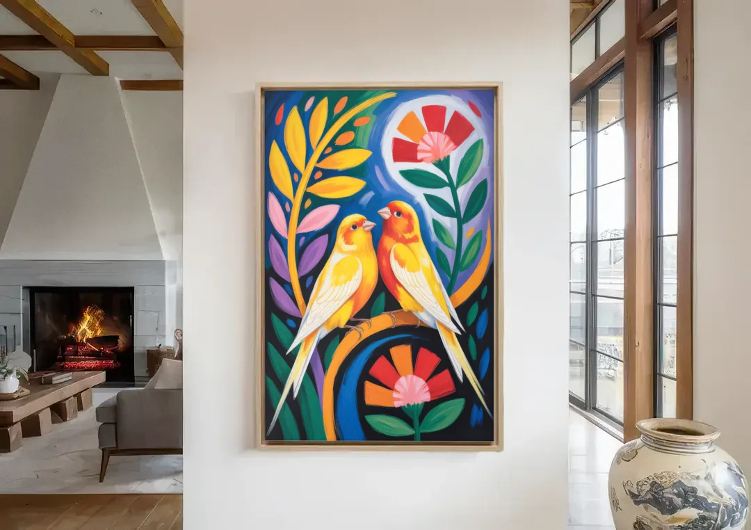 Calm Canary Chirp canvas wall art in a living room with a fireplace